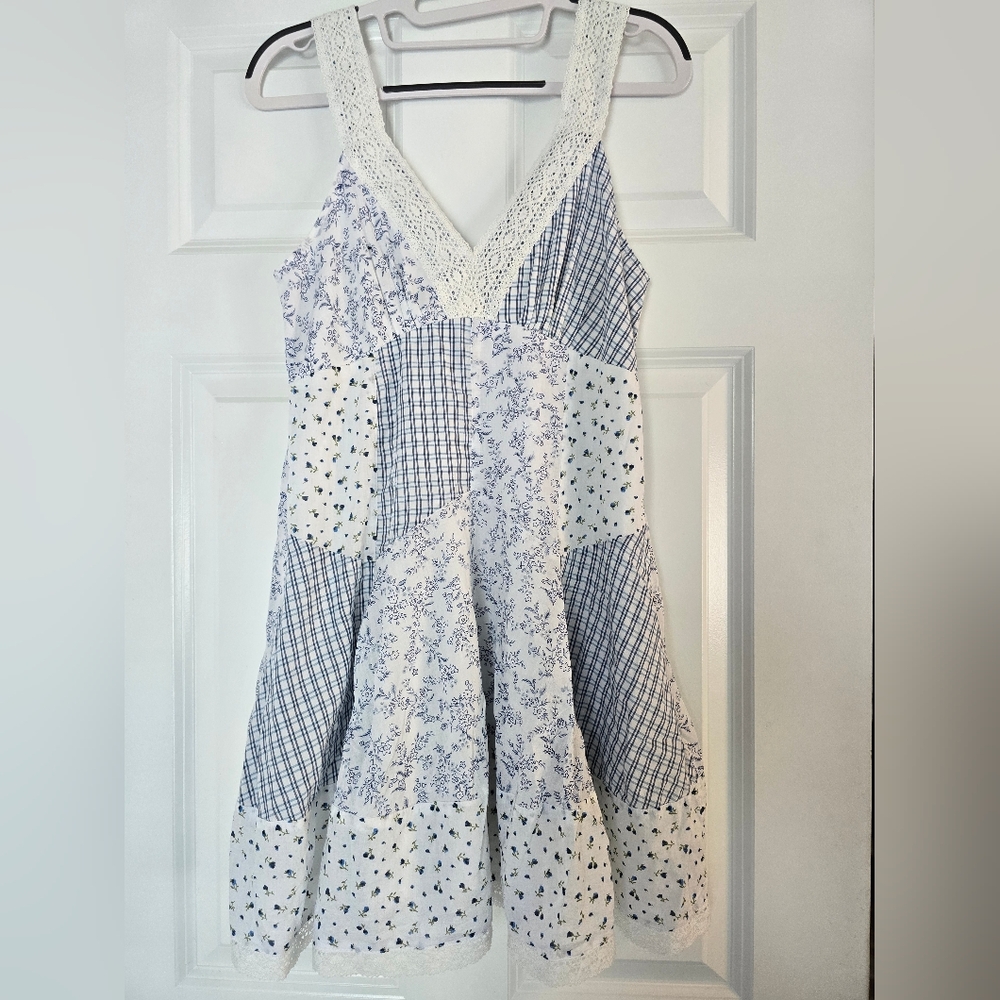 American Eagle blue and white patchwork dress. Size Small.